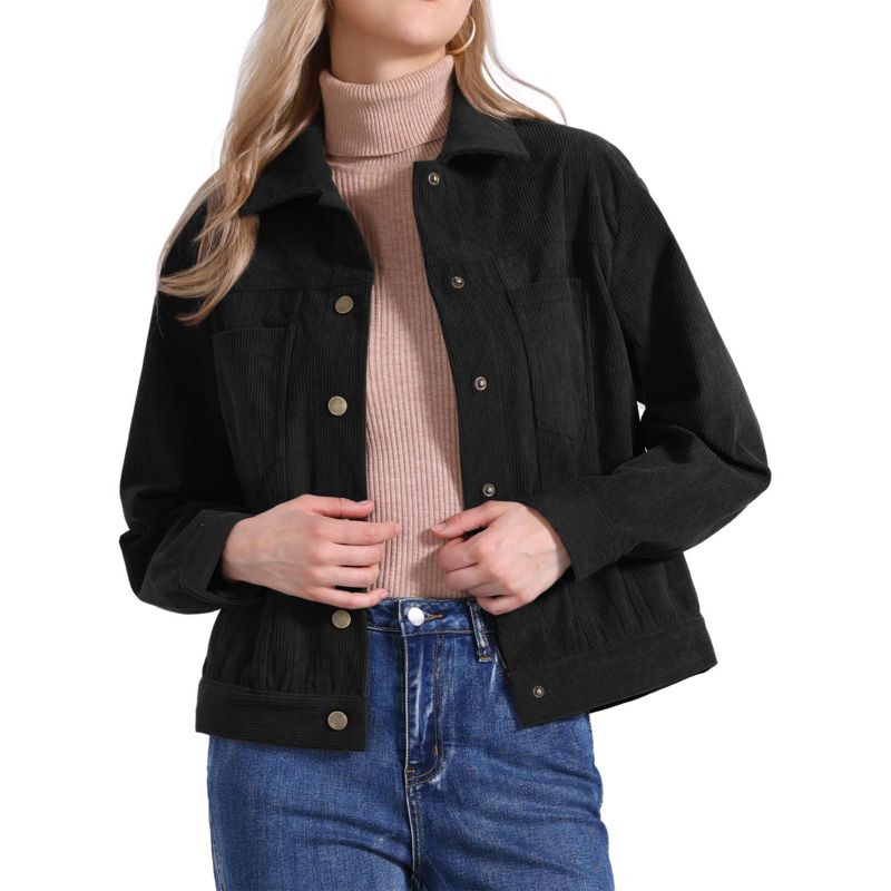 INSPIRE CHIC Women's Corduroy Long Sleeve Lapel Collar Fall Outerwear Button Down Shacket Jackets Small Black