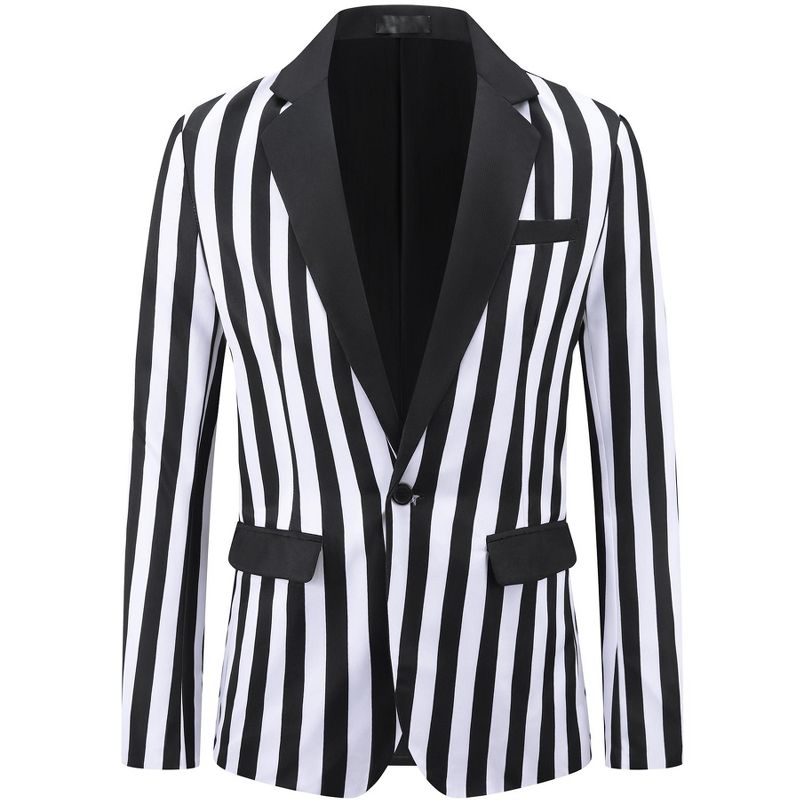INSPIRE CHIC Men's Single Breasted Contrast Color Business Striped Blazer Black White X-Large