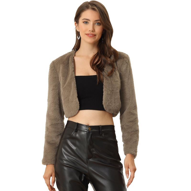 Allegra K Women's Cropped Open Front Collarless Faux Fur Jacket Dark Khaki Large