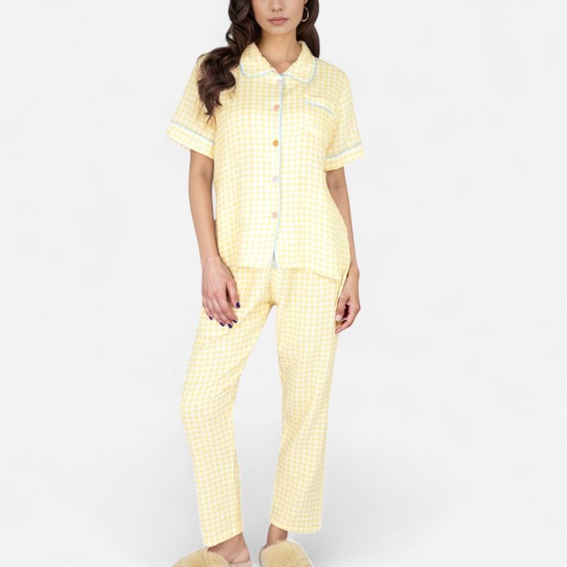 Anna-Kaci Lounge Women's Gingham Print Two-Piece Pajama Set with Short Sleeve Button Top and Relaxed Fit Pants - Medium, Yellow