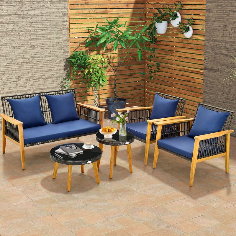 Costway 5PCS Outdoor Rattan Woven Conversation Set Stable Acacia Wood Frame for Backyard Navy