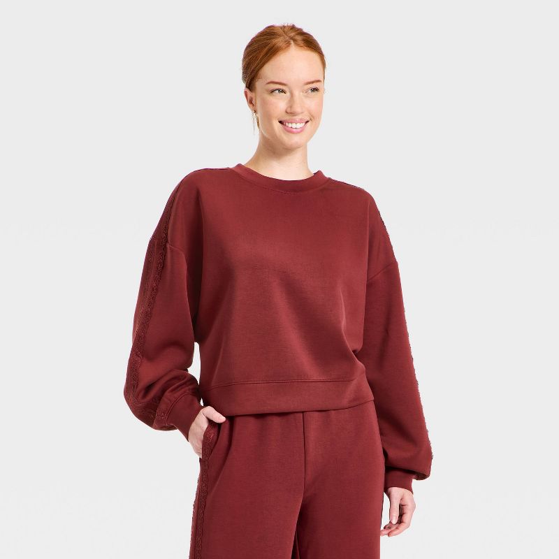 Women's Airy Sleek Lace Trim Crewneck Sweatshirt - All In Motion™ Maroon M