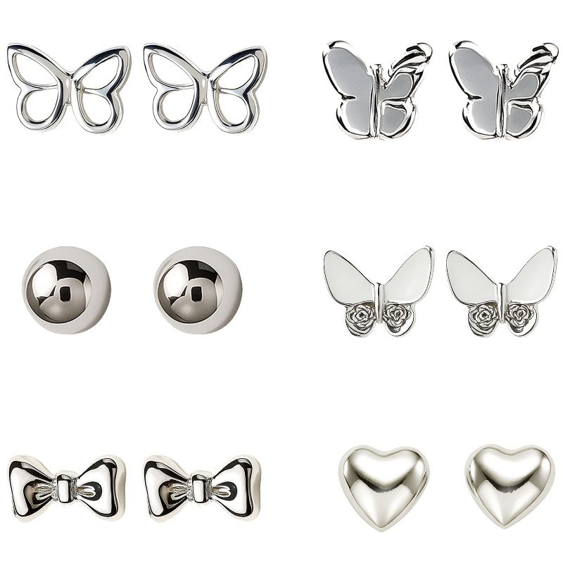 6-Pair Women's Stud Earrings Set, Silver-Tone Butterfly, Bow, Heart & Round Designs, Modern Style
