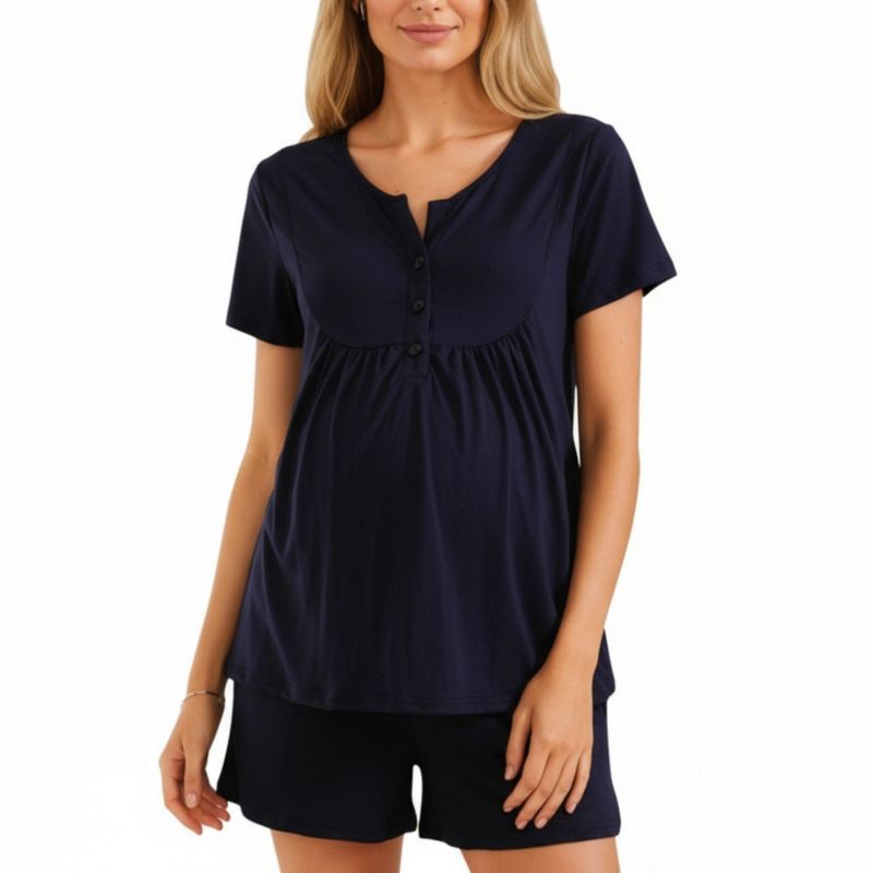 Anna-Kaci Lounge Women's 2-Piece Maternity Pajama Set with Short Sleeve Henley Top and Stretch Shorts - X Large, Navy