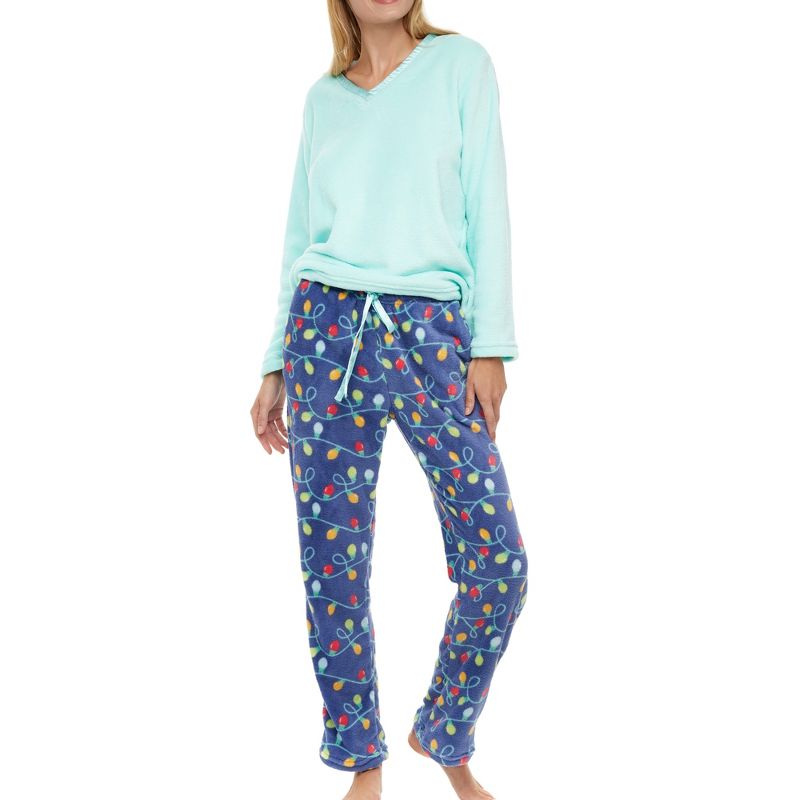 ADR Women's Soft Warm Fleece Pajamas Plush Lounge Set, Long V Neck Top and Pants, PJ Christmas Lights XS (A0325W03XS)