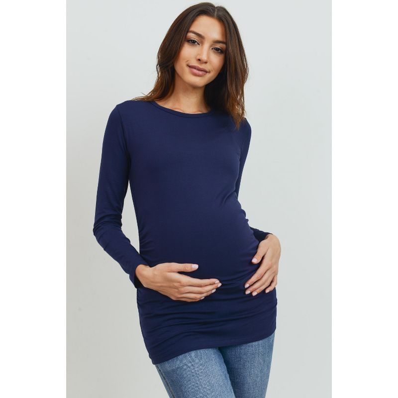 Hello Miz Women's Casual Crewneck Long Sleeve Side Ruched Maternity Top - Navy - Medium