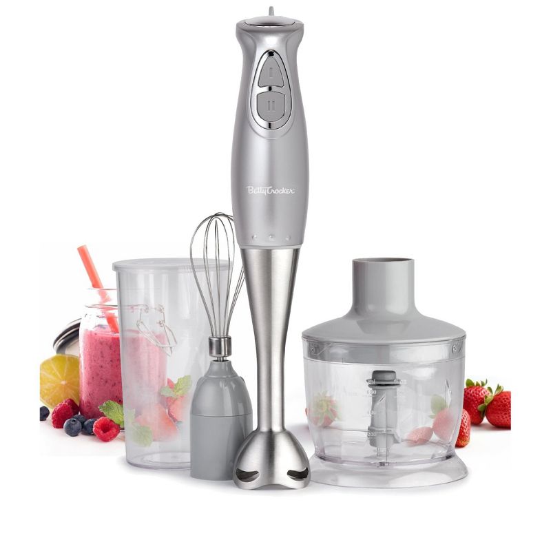 BETTY CROCKER Immersion Blender, 2-Speed Hand Mixer with Stainless Steel Blade, Beaker & Whisk, 250W, Silver
