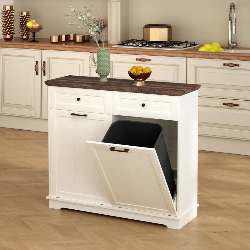 KTMBDW 20 Gallon Double Tilt Out Trash Can Cabinet, Freestanding Trash Bin Cabinet, Wood Garbage Recycling Cabinet with Hideaway Drawer for Kitchen