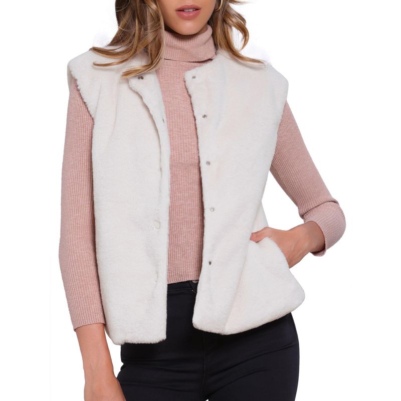 INSPIRE CHIC Women's Button Down Sleeveless Open Front Winter Faux Fur Vest Jacket Apricot Large