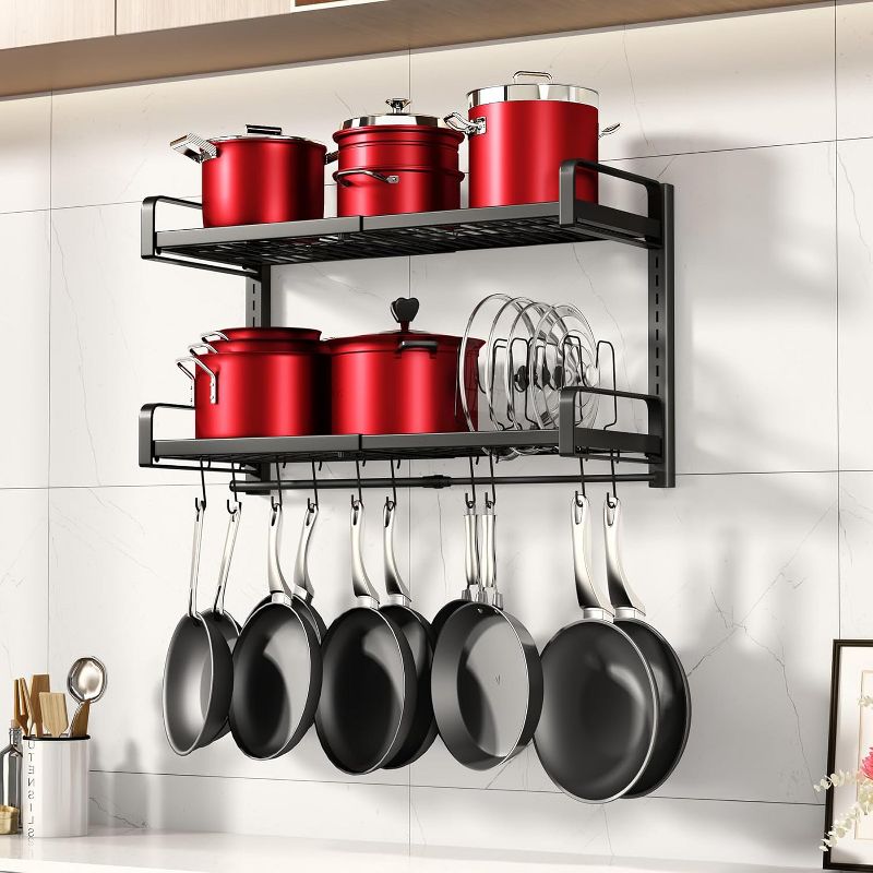 19"-30" Expandable Pot Rack - 2-Tier 10 Hooks 5 Lid Holders Heavy Duty Kitchen Storage
