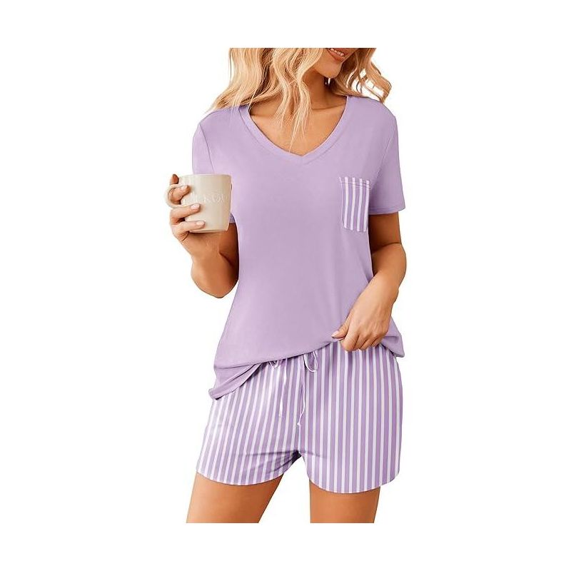 Ekouaer Womens Pajama Sets Short Sleeve Pajamas for Women Sets Soft Lounge Sets Casual V Neck Sleepwear PJS Purple Stripe M