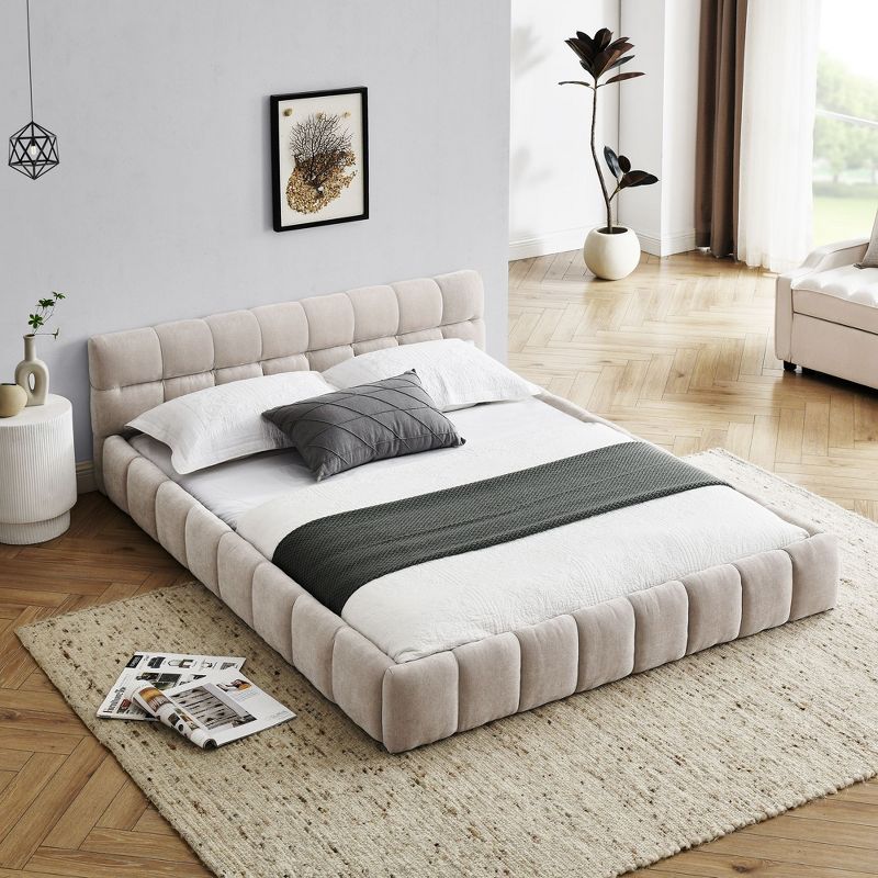 Sapphtopaz Queen Upholstered Bed Frame Platform Bed Frame with Thick Chenille Headboard, Solid Frame Bedroom Furniture, No Box Spring Needed, Beige