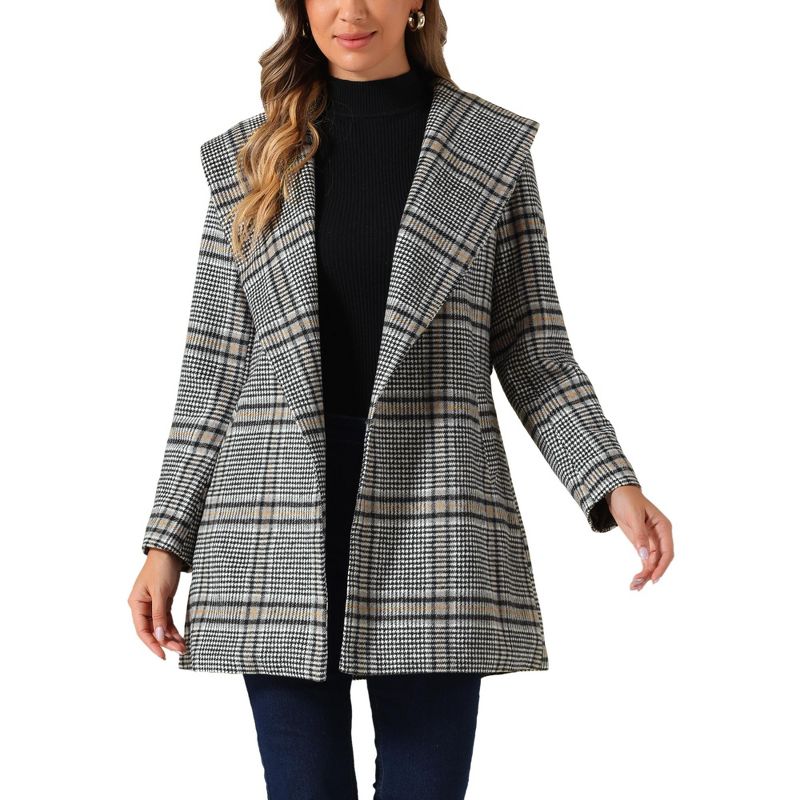 INSPIRE CHIC Women's Shawl Collar Check Belted Wrap Plaid Coat with Pockets Black Houndstooth Medium