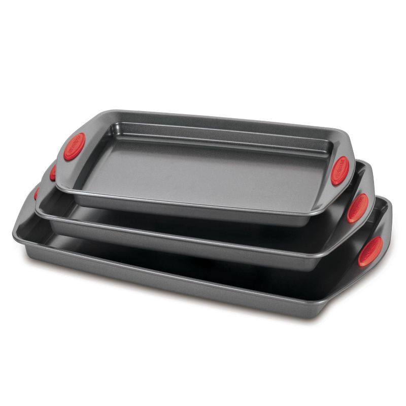 Rachael Ray 3pc Nonstick Cookie Sheet Set with Red Grips: Carbon Steel Bakeware, Even-Heating, Soft-Grip Handle