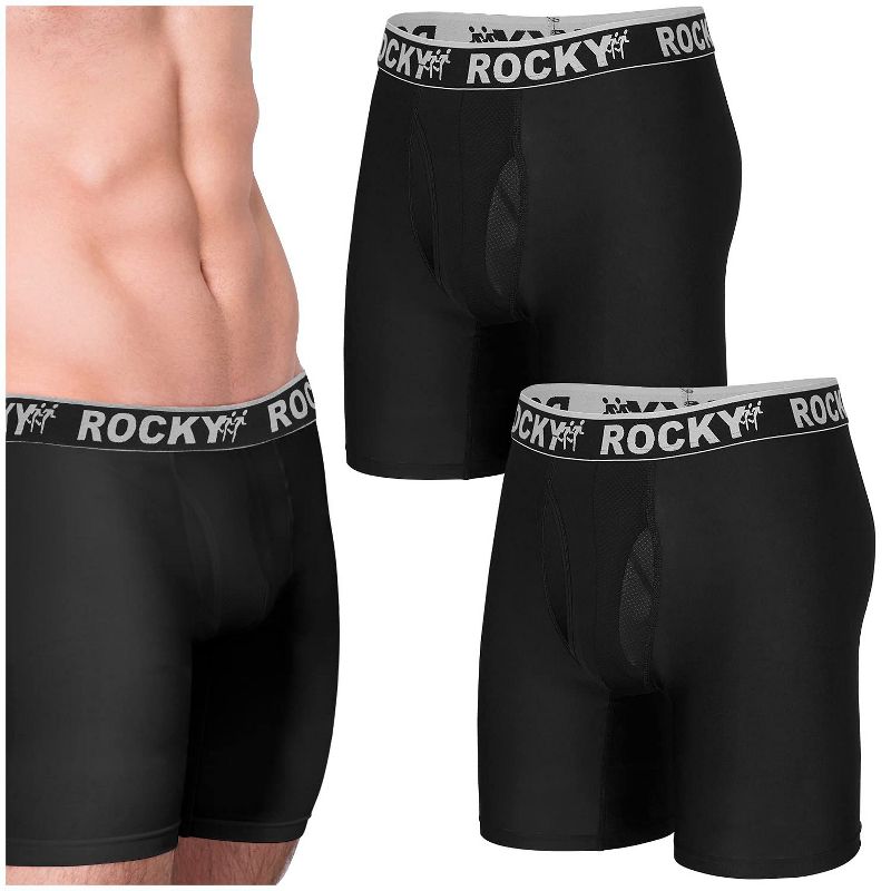 Rocky Men's 9" Boxer Briefs, 2 PACK, 4-Way High Performance Pouch Underwear, Tagless (9" - Black & Grey Waistband - X-Large)