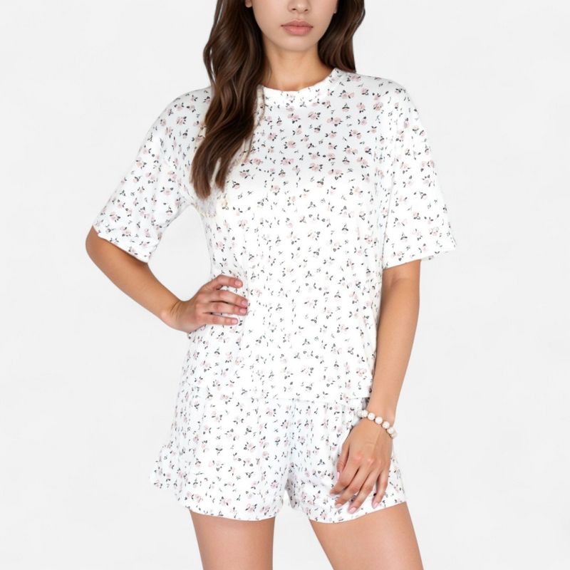 Anna-Kaci Lounge Women's Tiny Rose Print Crew Neck Pajama Set with Short Sleeves and Ruffle Trim Shorts - X Large, White