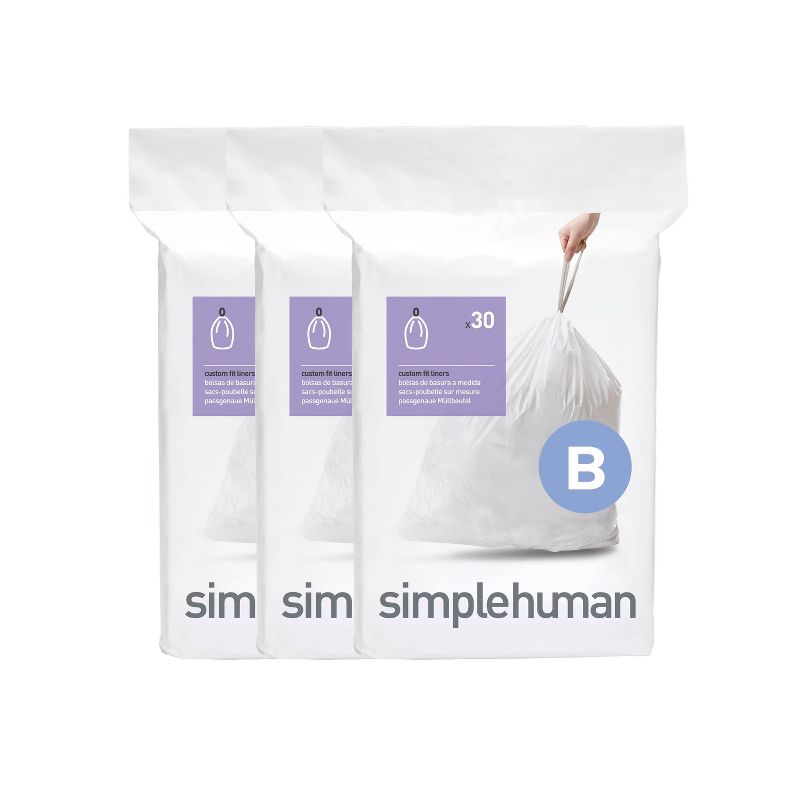 simplehuman 6L Code B Custom Fit Bathroom Trash Bag Liners 3 Quick-Dispense Packs - 90ct: Small White Drawstring Liners