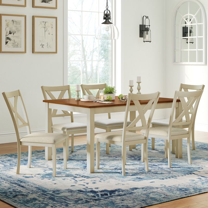 AMERLIFE 60" Space Saving 7-Piece Farmhouse Solid Wood Dining Table Set with 6 Upholstered Chairs, Brown & White