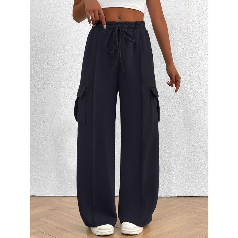 Coolmee Womens Wide Leg Cargo Sweatpants Drawstring High Waisted Baggy Sweat Pants Stretchy Casual Pants with Pockets Dark Gray XL