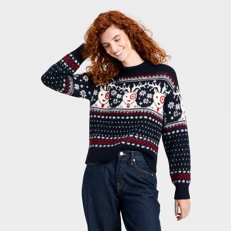 Women's Long Sleeve Cozy Alpine Bullseye Dog Crewneck Pullover Sweater - Universal Thread™ Navy Blue XL