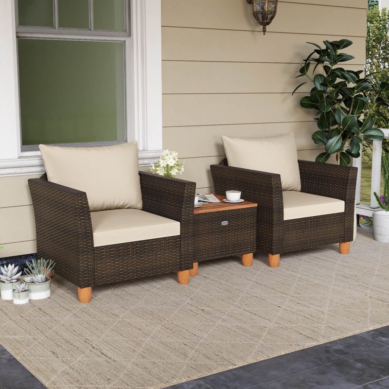 Costway 3PCS Patio Wicker Rattan Sofa Set Furniture Outdoor Acacia Wood Conversation Brown