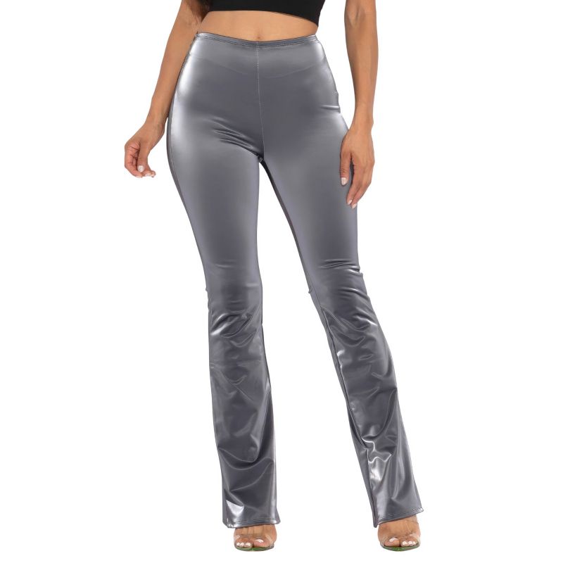 Slickblue Women's Velvet PU Flared Pants, Stretch Polyester Blend, Charcoal, Comfortable Fit, Size M