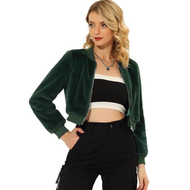 INSPIRE CHIC Women's Winter Fluffy Zipper Up Cropped Faux Fur Bomber Jacket Dark Green Large