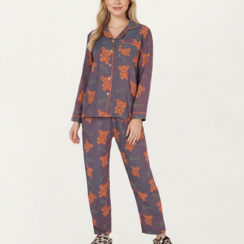 Anna-Kaci Lounge Women's 2-Piece Set Teddy Bear Print Button-Up Long Sleeve Pajama Top and Relaxed Fit Pants - Small, Purple