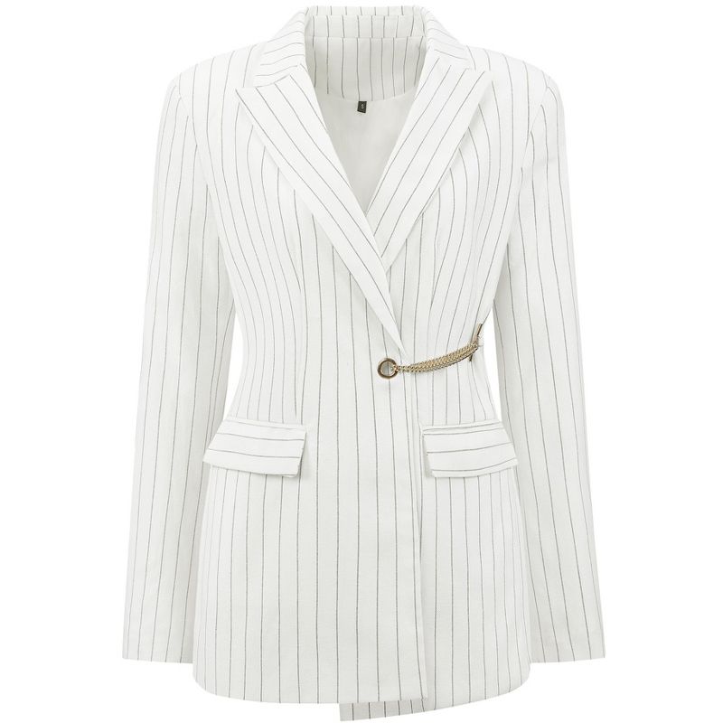 INSPIRE CHIC Women's Striped Blazers Lapel Collar Chain Decor Long Sleeve Office Jackets Small White