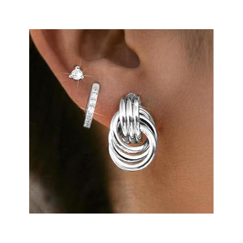Trendy Chunky Huggie Dainty Earring Jewelry for Women Teens 3Pairs Gold Hoop Earrings Set for Women Silver Knot - 3 Pairs 0.6’‘×0.6’‘