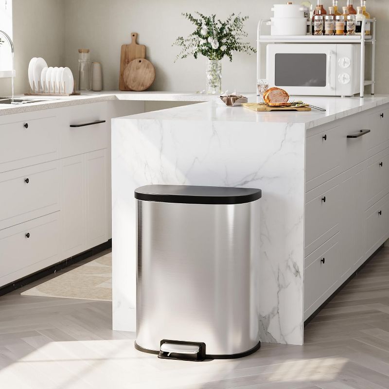 13 Gallon (50L) Stainless Steel Recycle Bin, Pedal Garbage Can with Slow-Close Lid and Removable Inner Bucket for Home, Office, Restaurant, Silver