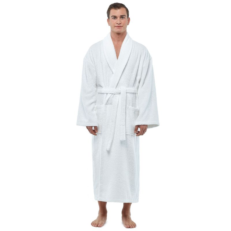 Arus Men's Mid-Calf Turkish Terry Cotton Robe, Shawl Collar Bathrobe , White , Large/X Large