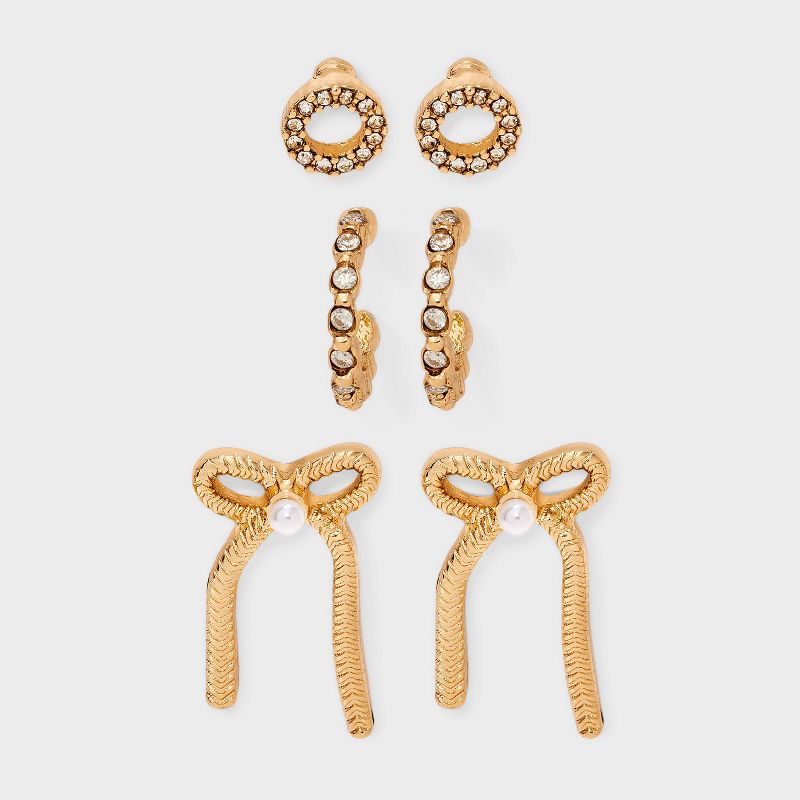 Circle and Bow Stud Earring Set 3pc - A New Day™ Gold