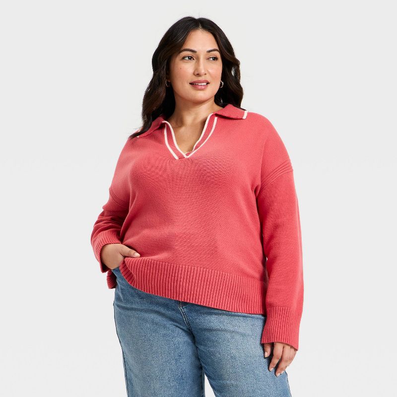 Women's Long Sleeve Knit Johnny Collar Sweater - Ava & Viv™ Coral Red 2X