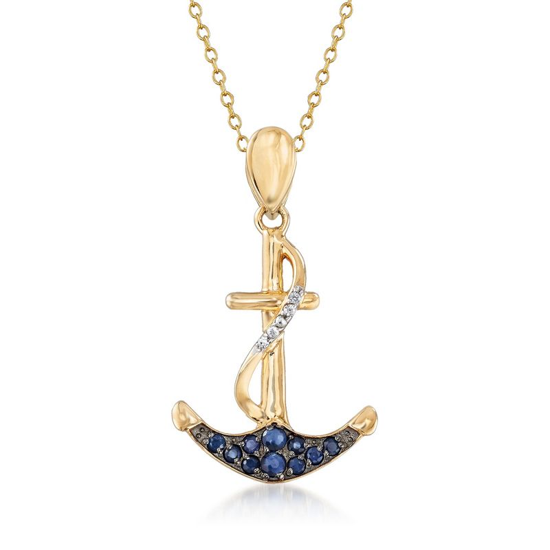 Ross-Simons 0.50 ct. t.w. Sapphire Anchor Pendant Necklace With White Topaz Accents in 18kt Gold Over Sterling Size 18