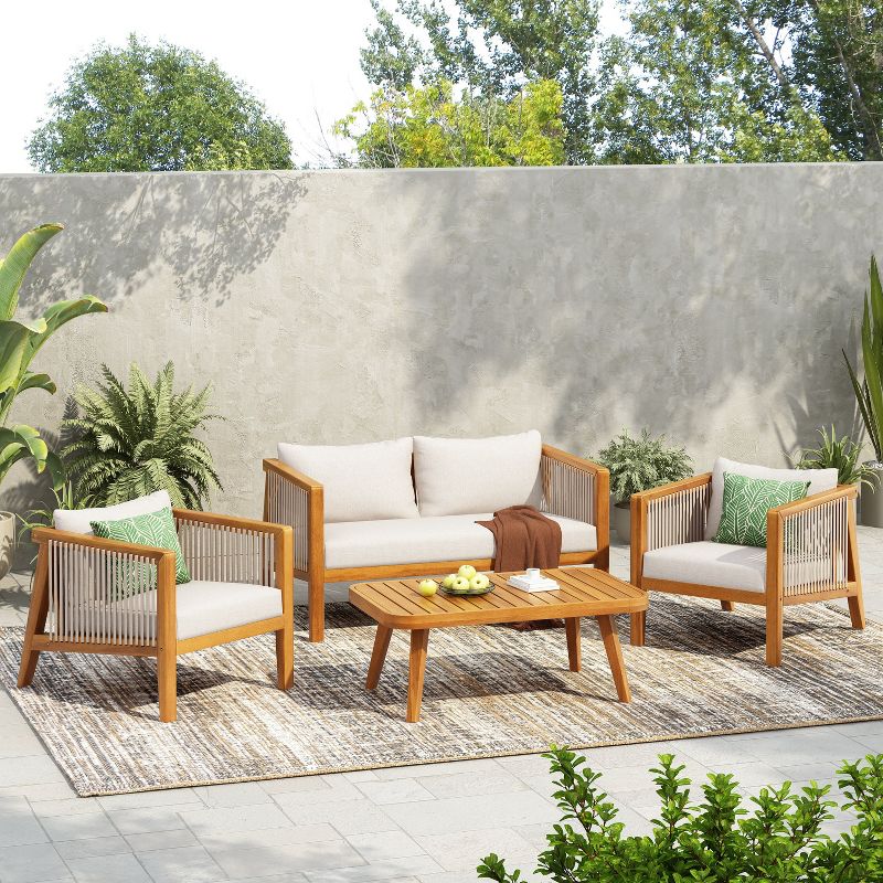 Christopher Knight Home Tyvon Outdoor 4 Piece Acacia Wood Conversation Set with Rope Weave Seating and Slatted Coffee Table, Teak/Beige