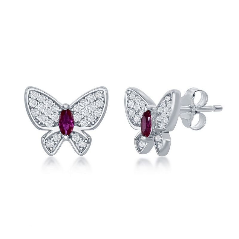 Bella Silver Sterling Silver White & Ruby CZ Butterfly Stud Earrings - Silver