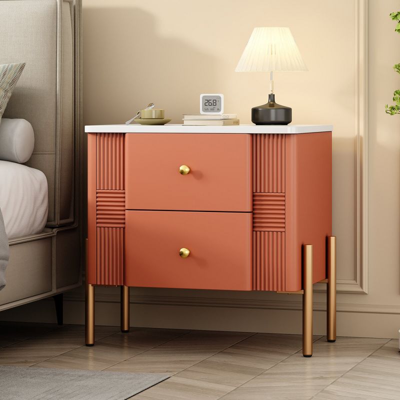 KTMBDW Nightstand, Modern Bedside Table with 2 Storage Drawers, Small Gold Frame Side Table for Bedroom, Living Room, Orange