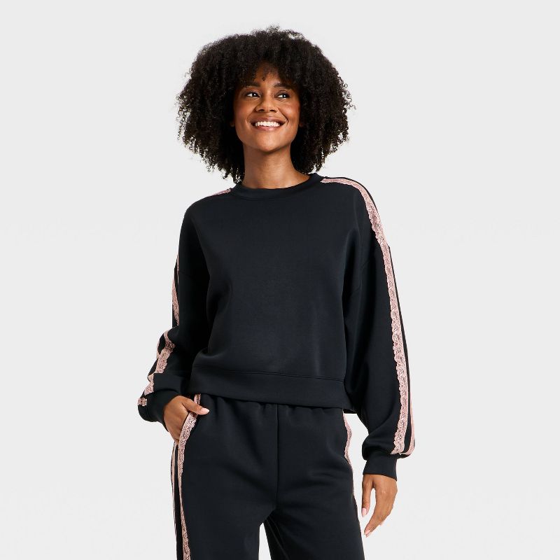 Women's Airy Sleek Lace Trim Crewneck Sweatshirt - All In Motion™ Black M