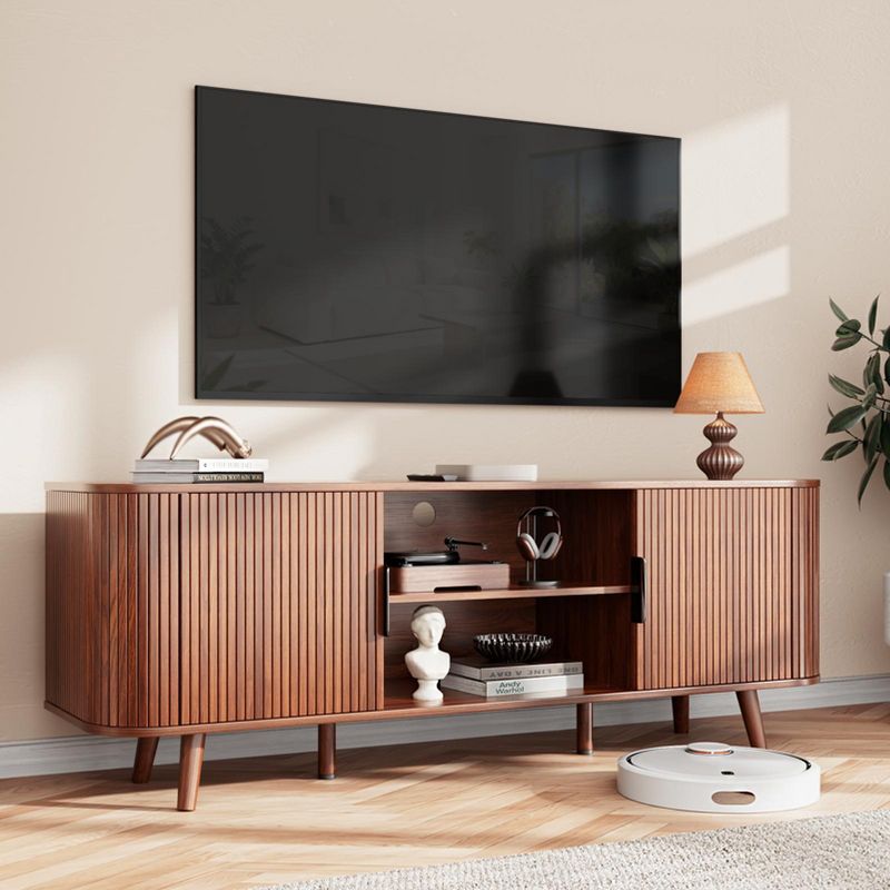 Mid Century Modern TV Stand Walnut Media Console for TVs up to 65 Inch Fluted Sliding Doors Entertainment Center Living Room Furniture Storage