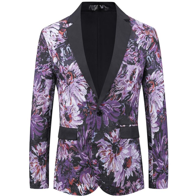 INSPIRE CHIC Men's Single Button Notch Lapel Prom Flower Print Suit Jacket Small Purple Black