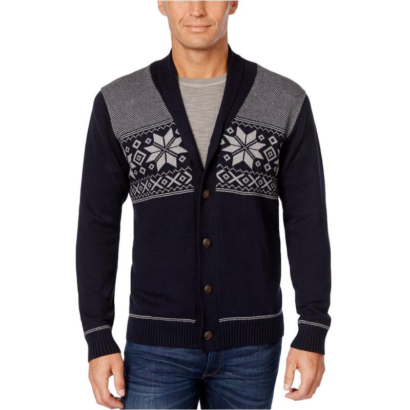 Weatherproof Mens Snow Flake Cardigan Sweater, darknavy, Medium