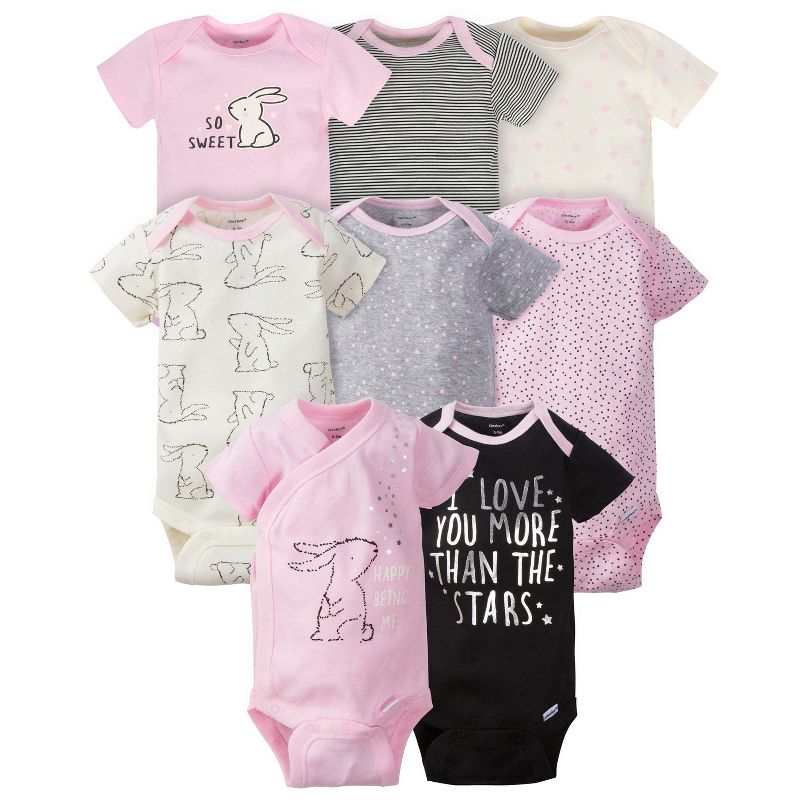 Gerber Baby Girls' Short Sleeve Onesies Bodysuits, 8-pack, Bunny, 0-3 Months