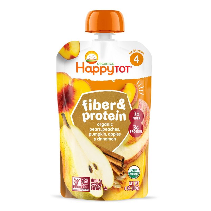 Happy Tot Fiber & Protein Organic Pears, Peaches, Pumpkin, Apples & Cinnamon Toddler Pouch - 4oz
