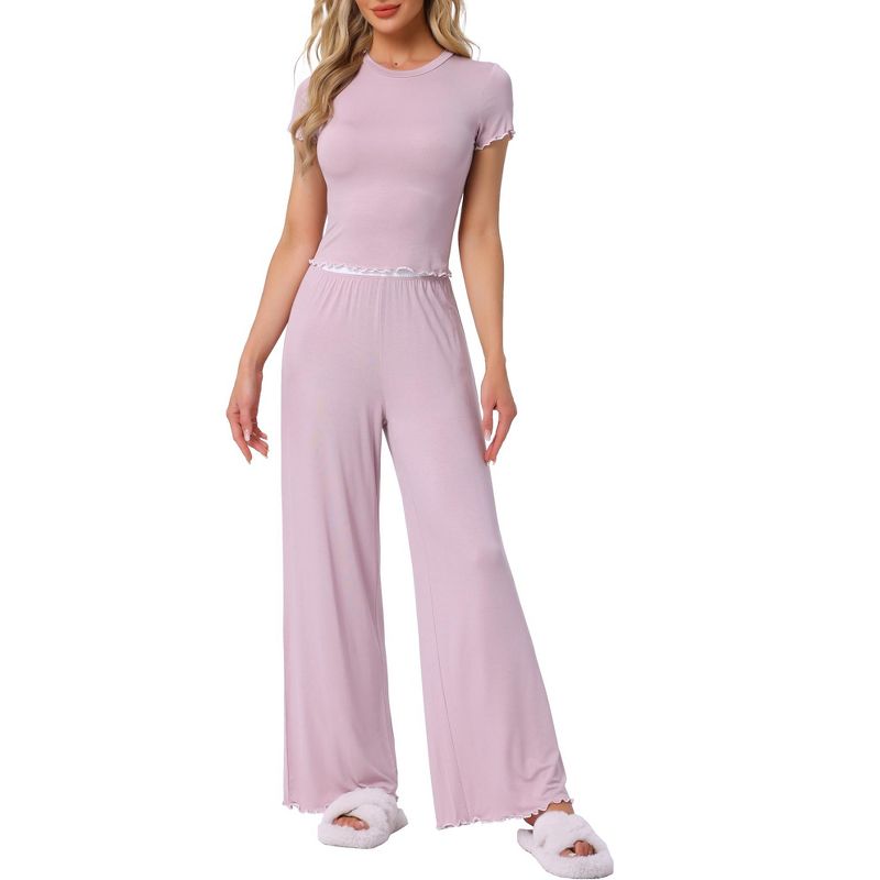 cheibear 2 Pcs Women's Knitted Short Sleeve Top Ruffled Long Wide Leg Pants Pajama Sets Medium Pink