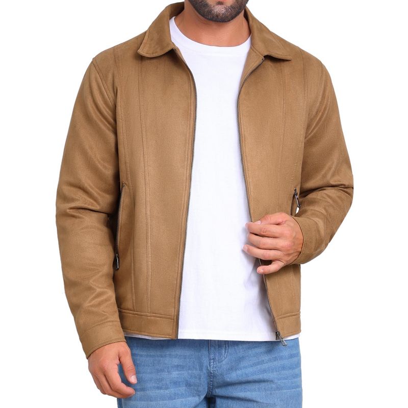 INSPIRE CHIC Men's Casual Collared Zipper Outdoor Vintage Faux Suede Jacket Small Khaki