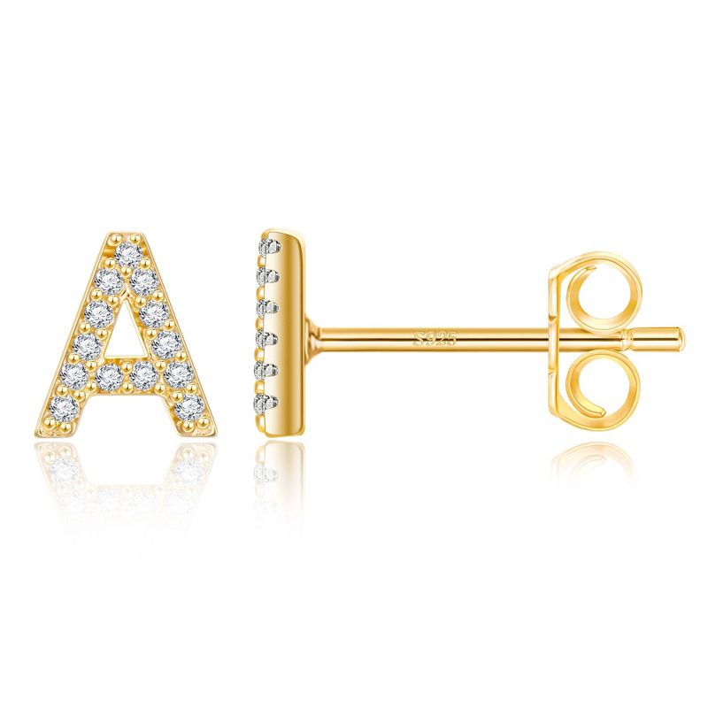 Turandoss 18K Gold Initial Stud Earrings for Women Girls - S925 Sterling Silver Post Diamond Flat Back Earring, Christmas Gifts, 0.4*0.03Inches, A