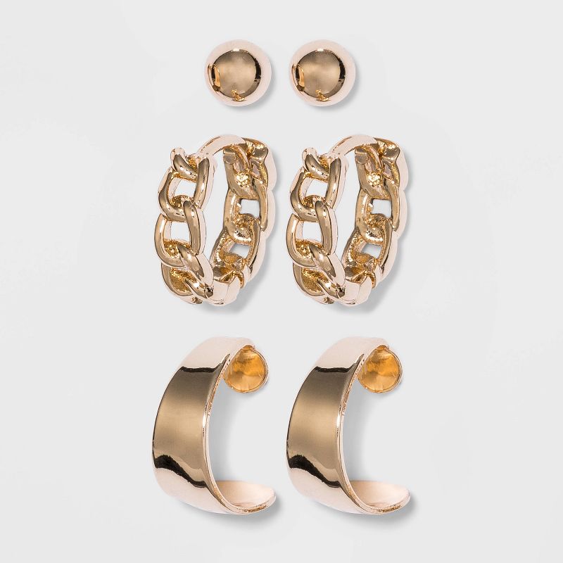 Thick Hoop, Chain Hoop, and Gold Stud Earring Set 3pc - A New Day™ Gold: Copper, Brass, Nickel-Free Metal