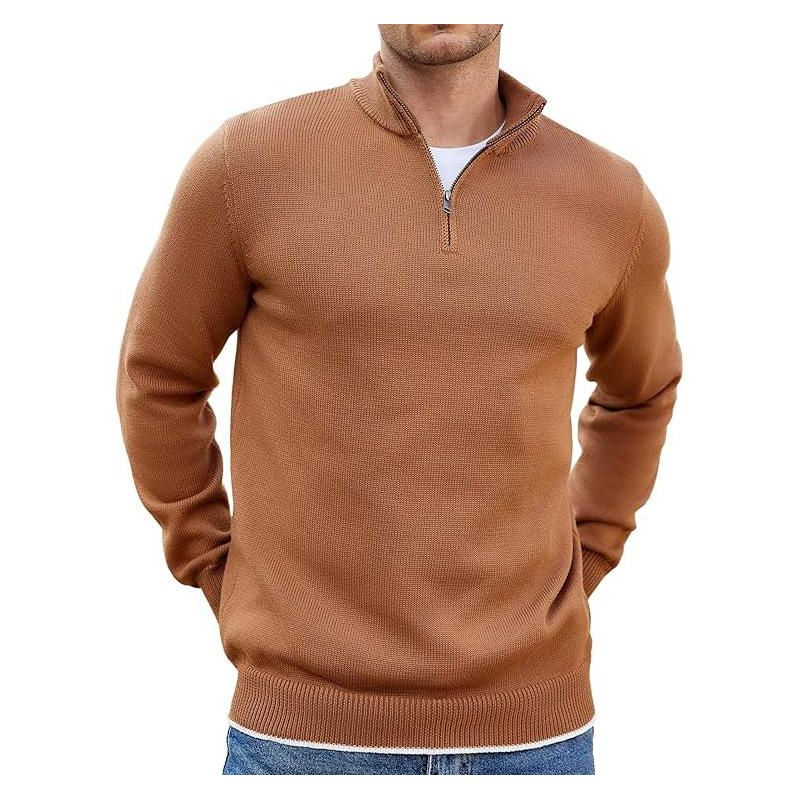 COOFANDY Men's Quarter Zip Up Pullover Slim Fit Lightweight Mock Neck Long Sleeve Sweaters Light Brown S