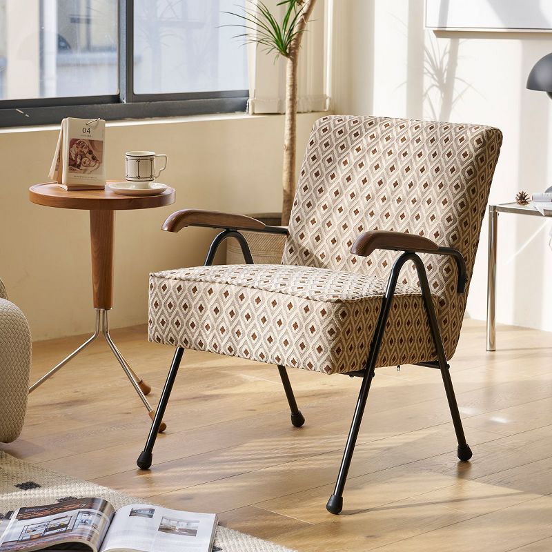 PAGED Modern Metal Frame Accent Chair, Upholstered Arm Chair with High Back, Reading Chair for Bedroom, Living Room Furniture, Cream+Brown